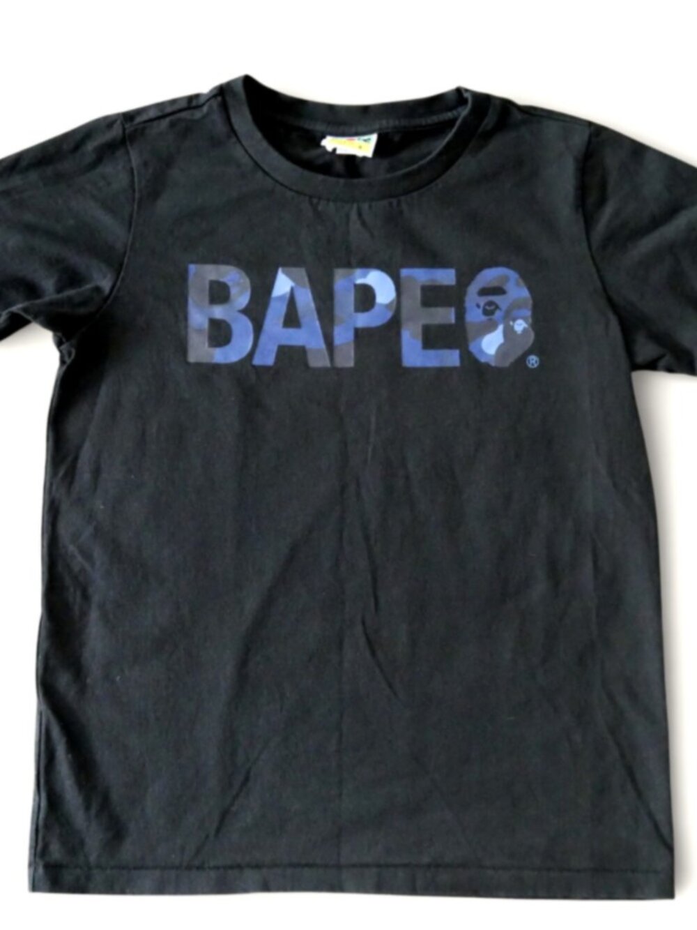 BAPE A Bathing Ape Womens S Black Blue Camo Ape Head Logo Tee Japan Authentic